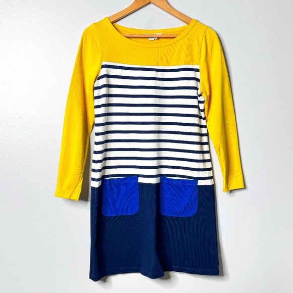 Boden Cotton Shirt Dress Yellow Navy White Stripe Contrast Sleeve Front Pockets - Picture 1 of 10
